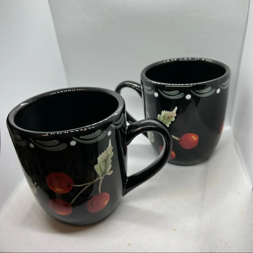 Laurie Gates Black Cherry Blossom Coffee Mugs Cups (set of 2)